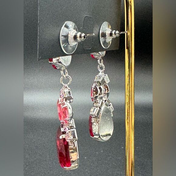 INC Silver Tone Red Crystal Post Dangle Earnings - Picture 4 of 4